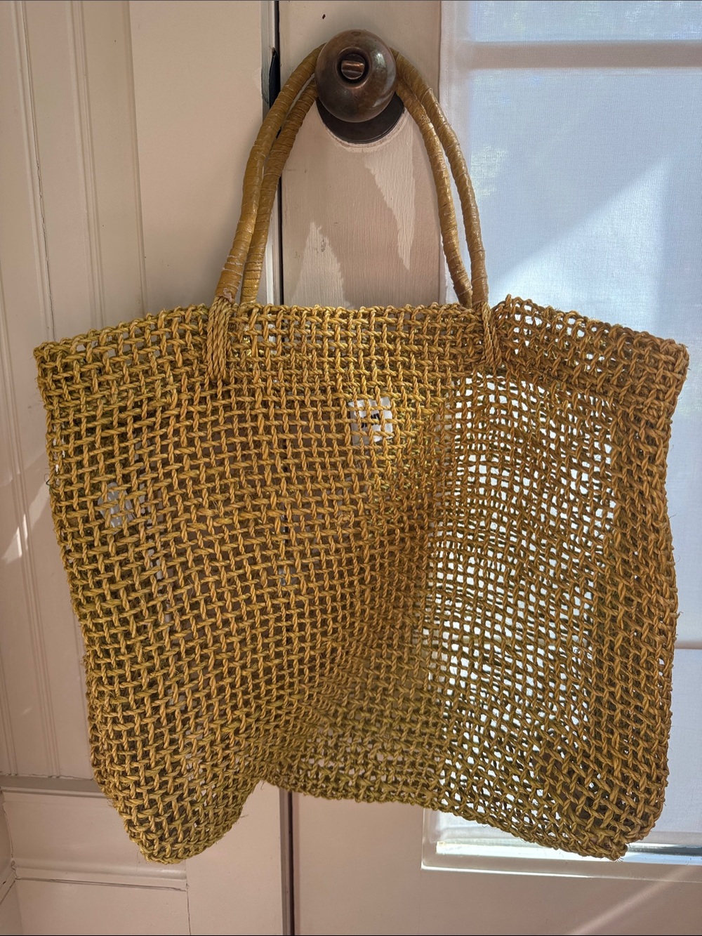 Woven Straw Tote Bag in Mustard Yellow